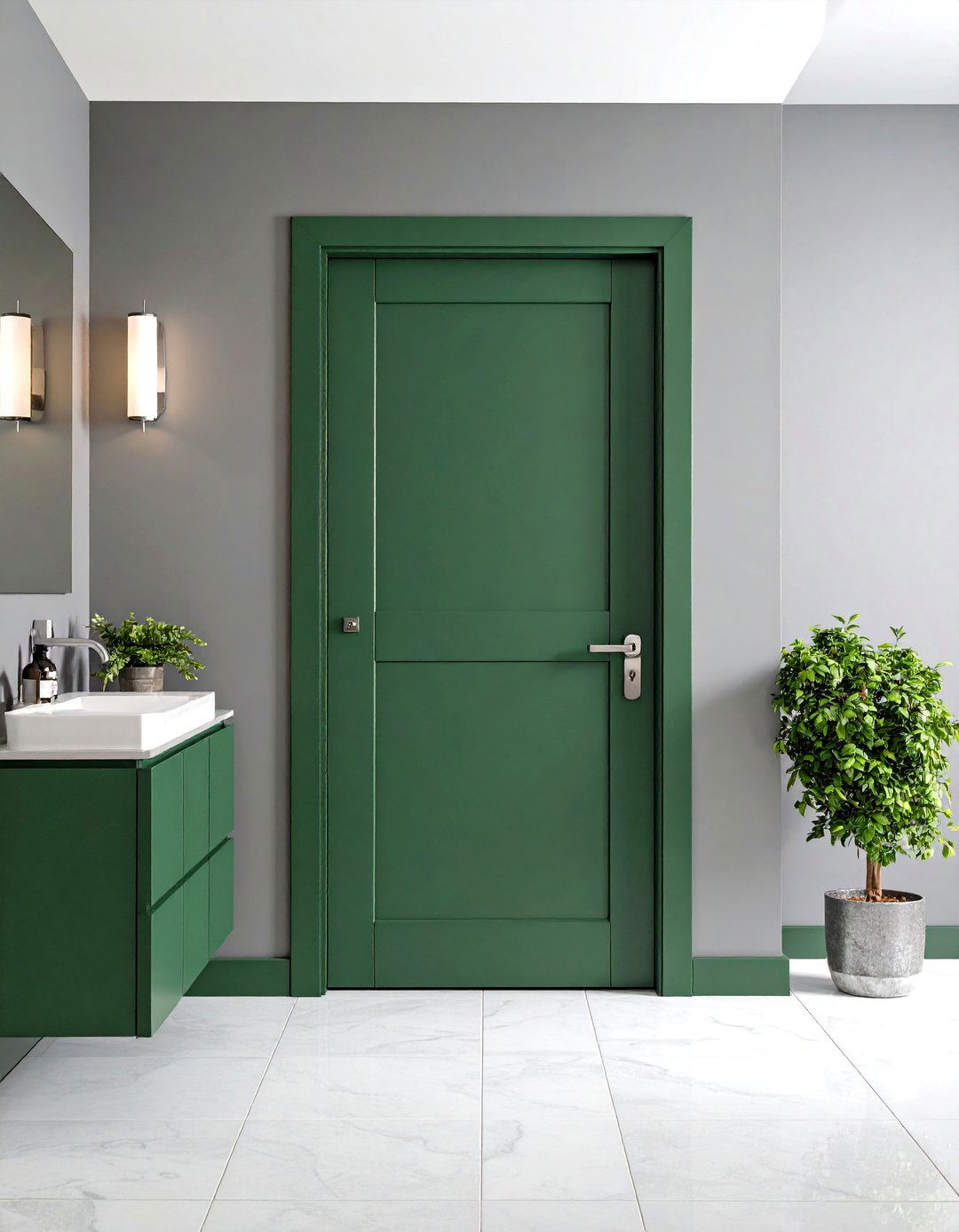 Matte Hunter Green Door with Silver Gray Hardware - 20 Green and Grey Bathroom Ideas