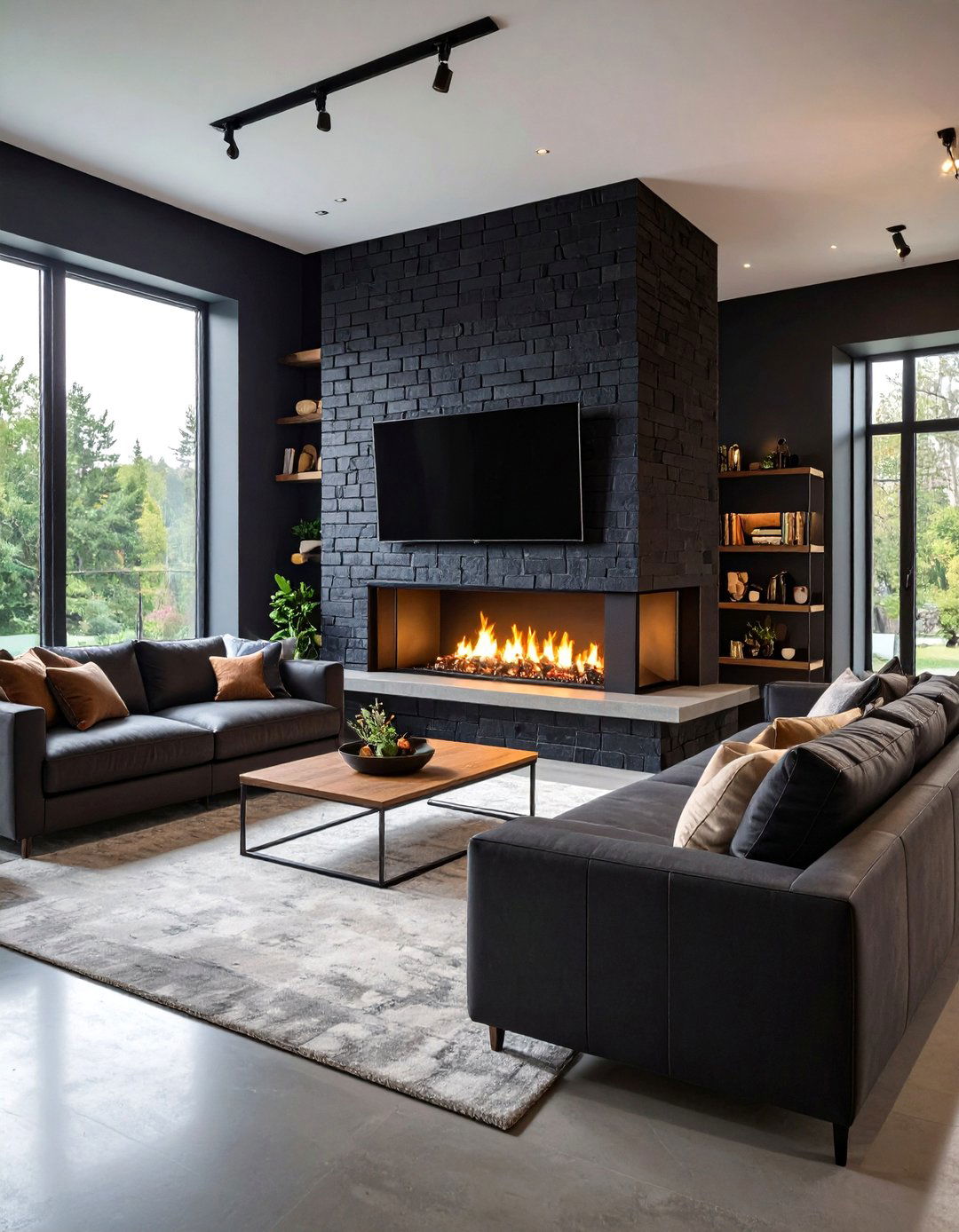 Matte Minimalist Black Brick Fireplace - 20 Black Brick Fireplace Ideas