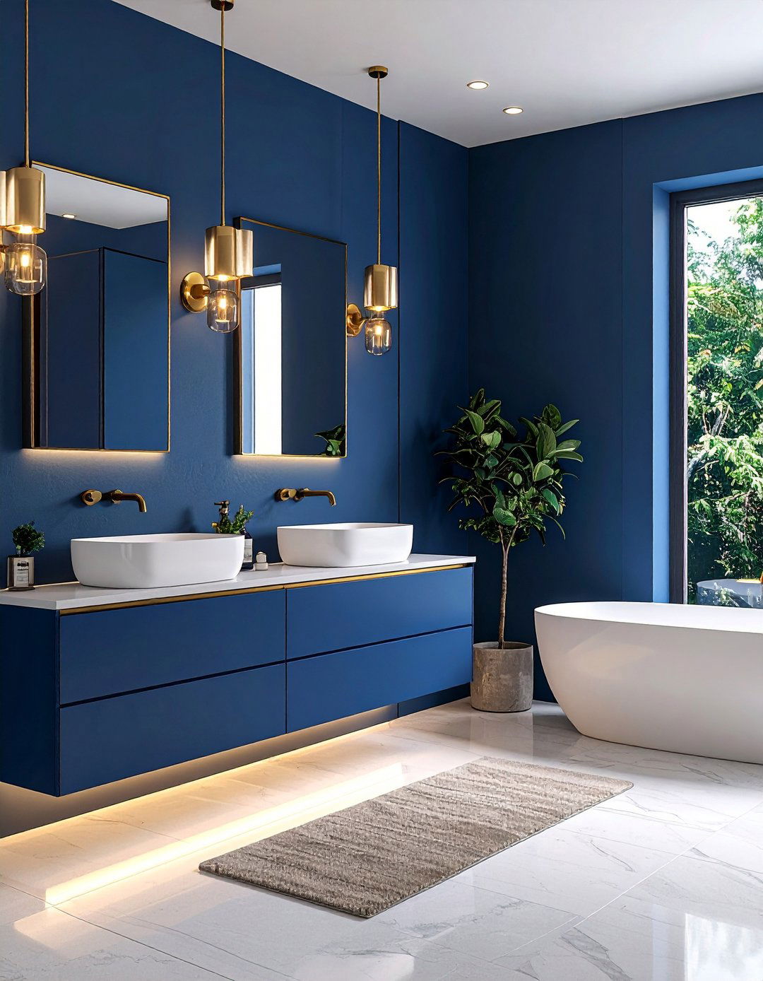 Matte Navy Walls with Shiny Gold Accent Lighting - 20 Blue and Gold Bathroom Ideas