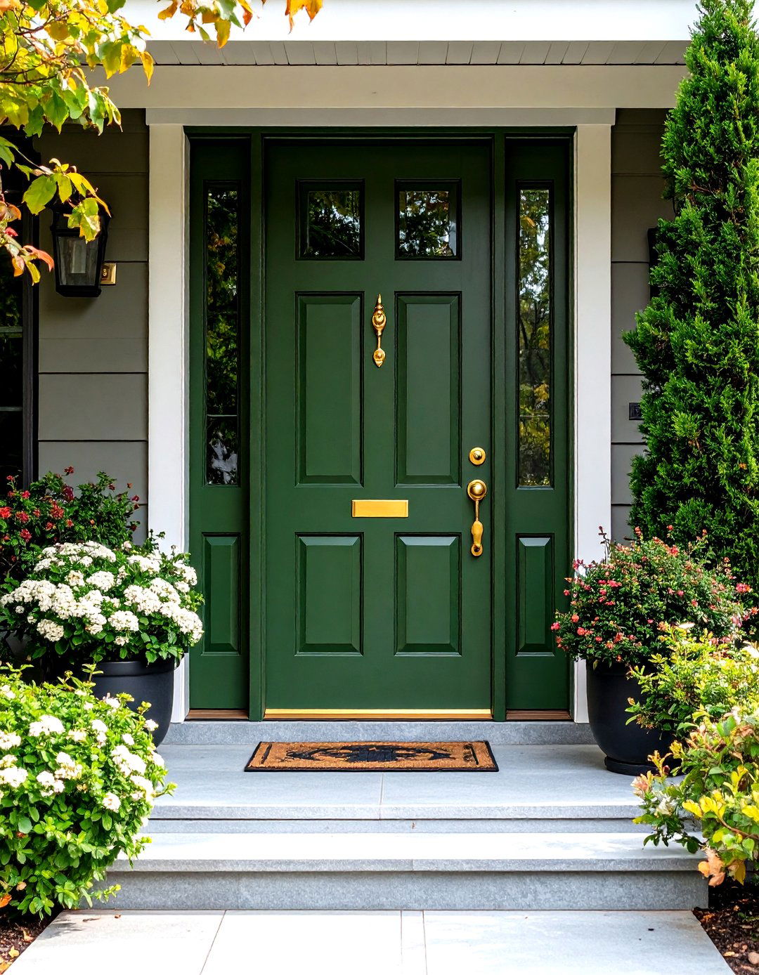 Matte Olive Green Front Door with Brass Hardware - 20 Olive Green Front Door Ideas