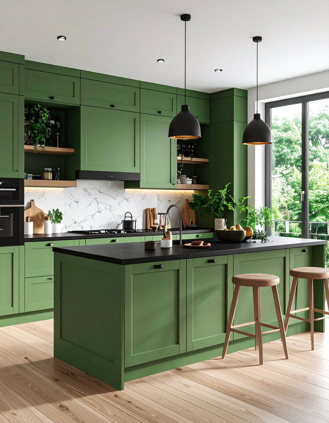 Matte Sage Green Cabinets with Black Hardware