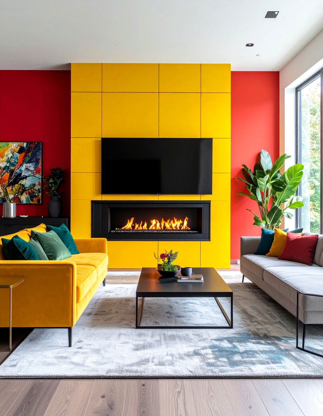 Maximalist Feature Wall with Oversized Electric Fireplace - 20 Electric Fireplace Ideas