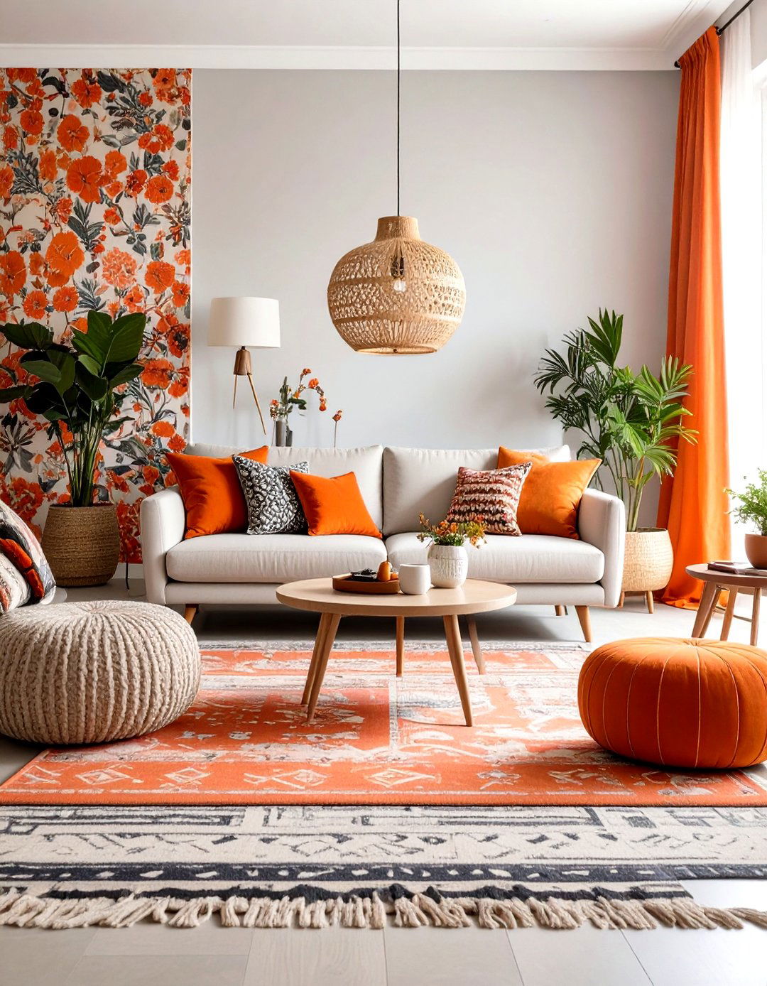 Maximalist Orange and Grey Living Room with Bold Patterns - 20 Orange and Grey Living Room Ideas