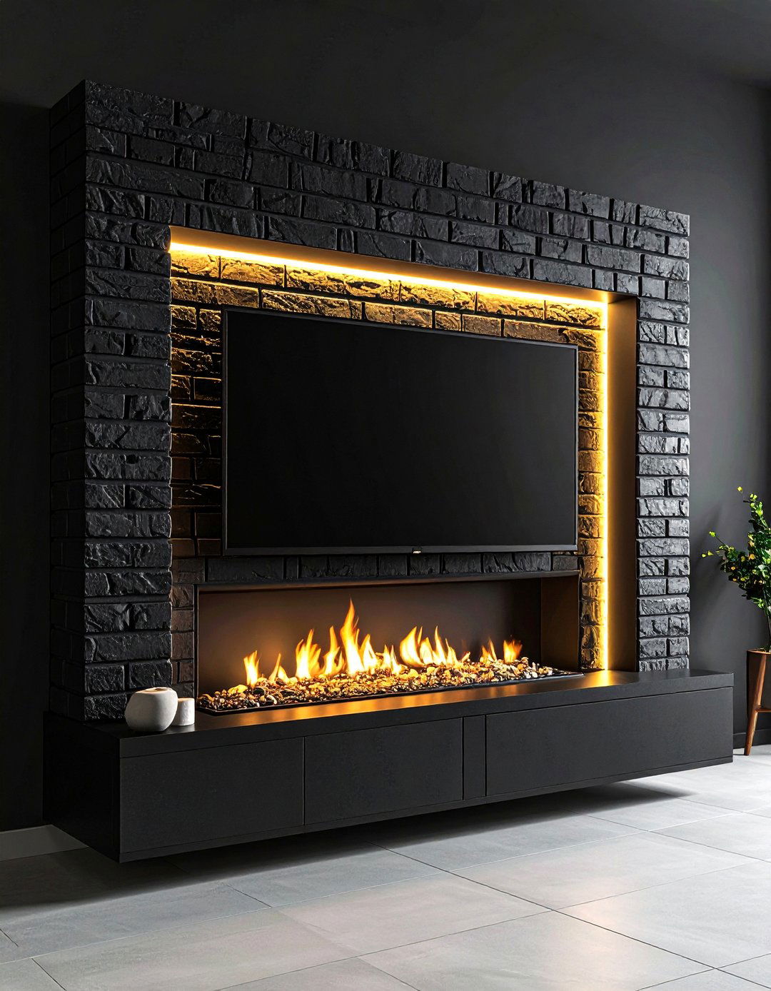 Media Wall Black Brick Fireplace - 20 Black Brick Fireplace Ideas