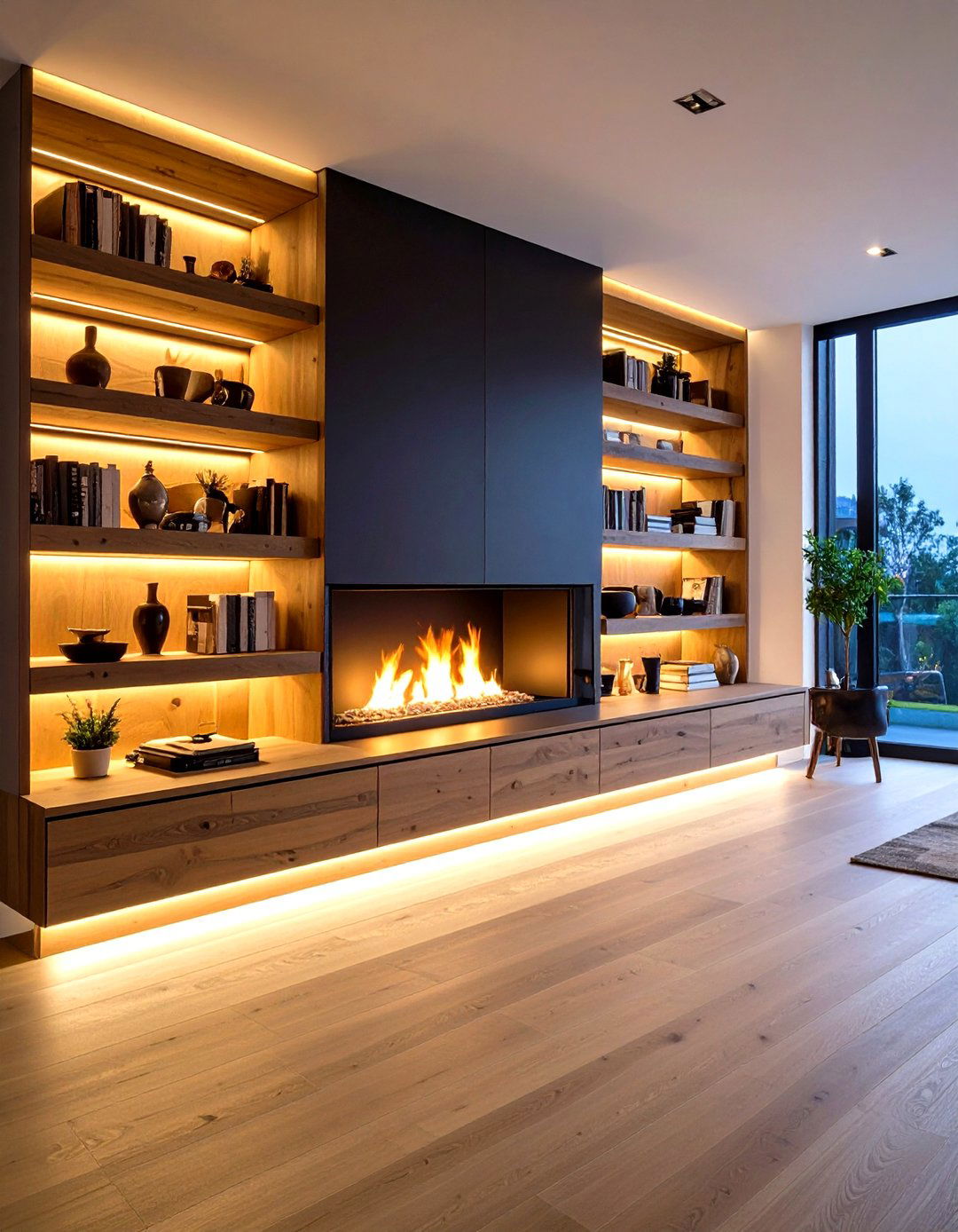 Media Wall Built In Unites TV and Linear Fireplace - 20 Fireplace Built-in Ideas
