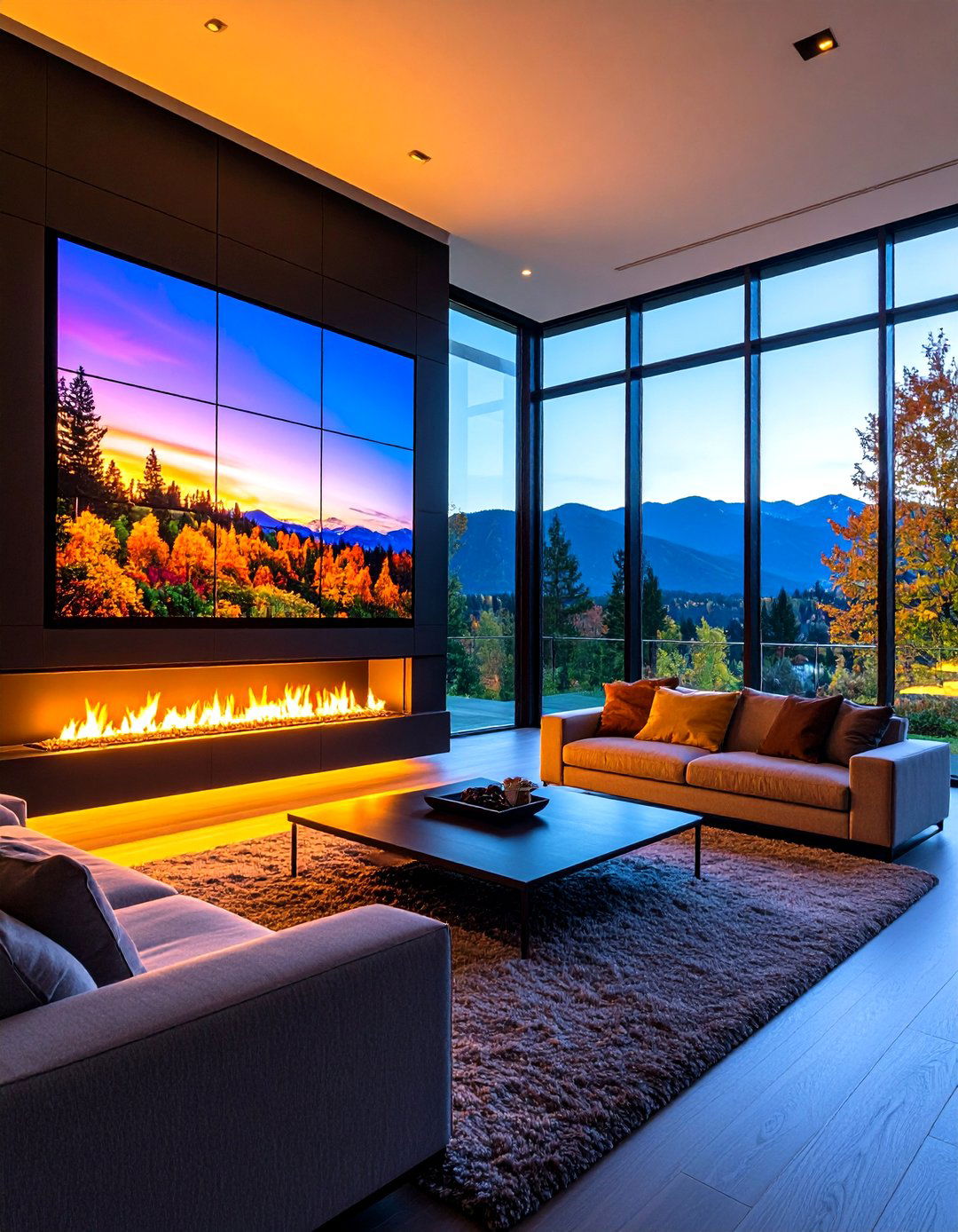 Media Wall Fireplace with Smart Glass - 20 Fireplace Between Windows Ideas