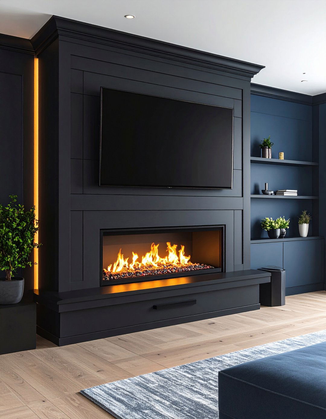 Media Wall Integration Above a Black Shiplap Fireplace - 20 Black Shiplap Fireplace Ideas