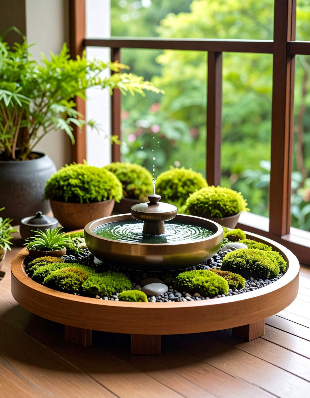 Meditation Nook with Tabletop Fountain and Moss - 20 Green Balcony Ideas