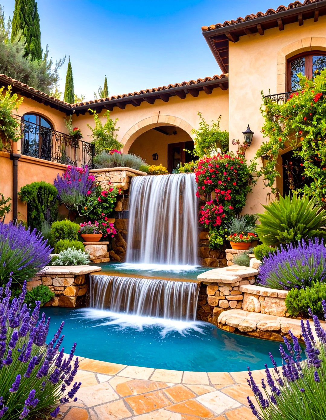 Mediterranean Courtyard Pondless Waterfall - 20 Pondless Waterfall Ideas
