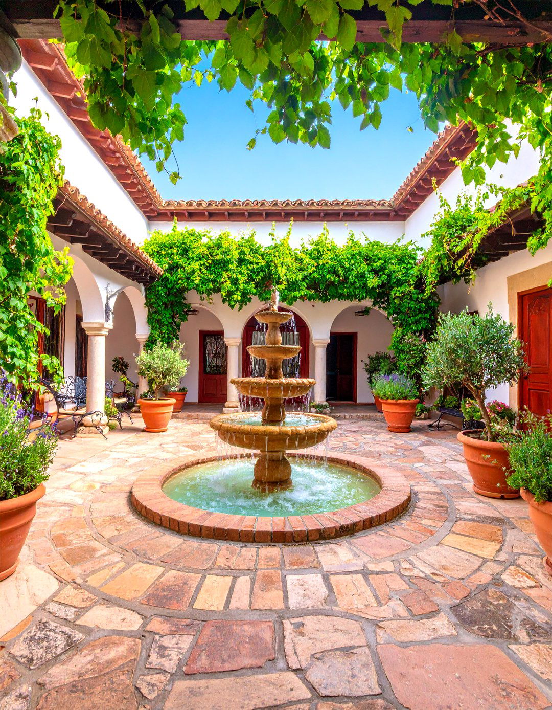 Mediterranean Courtyard with Central Fountain - 20 Courtyard Ideas