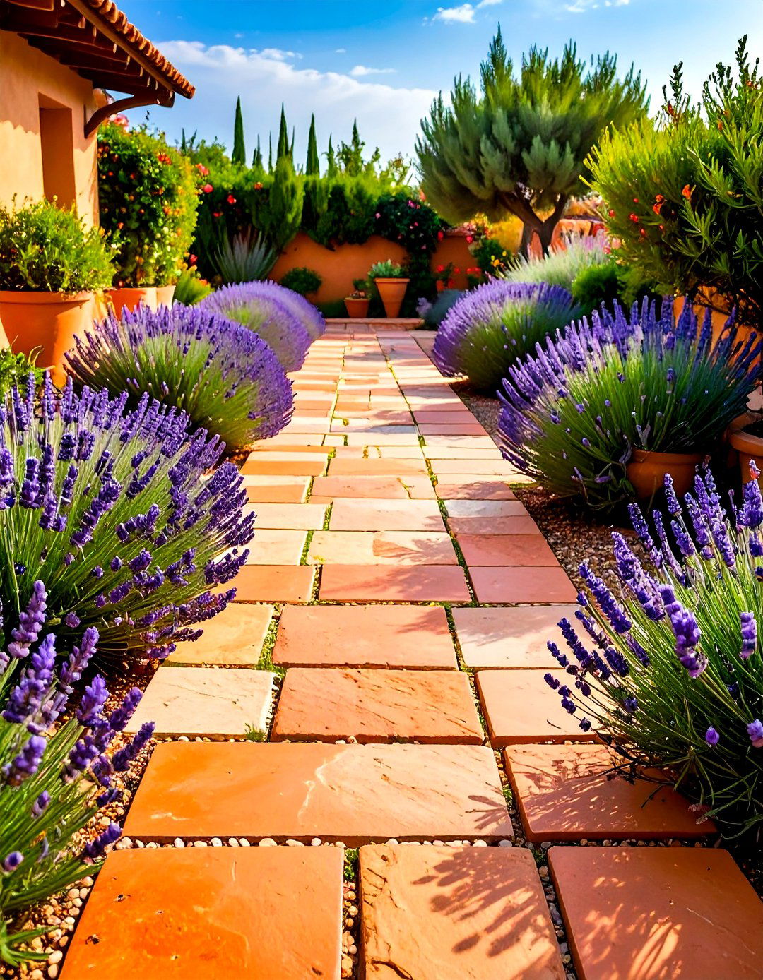 Mediterranean Flagstone Walkway with Terracotta Accents - 20 Flagstone Walkway Ideas
