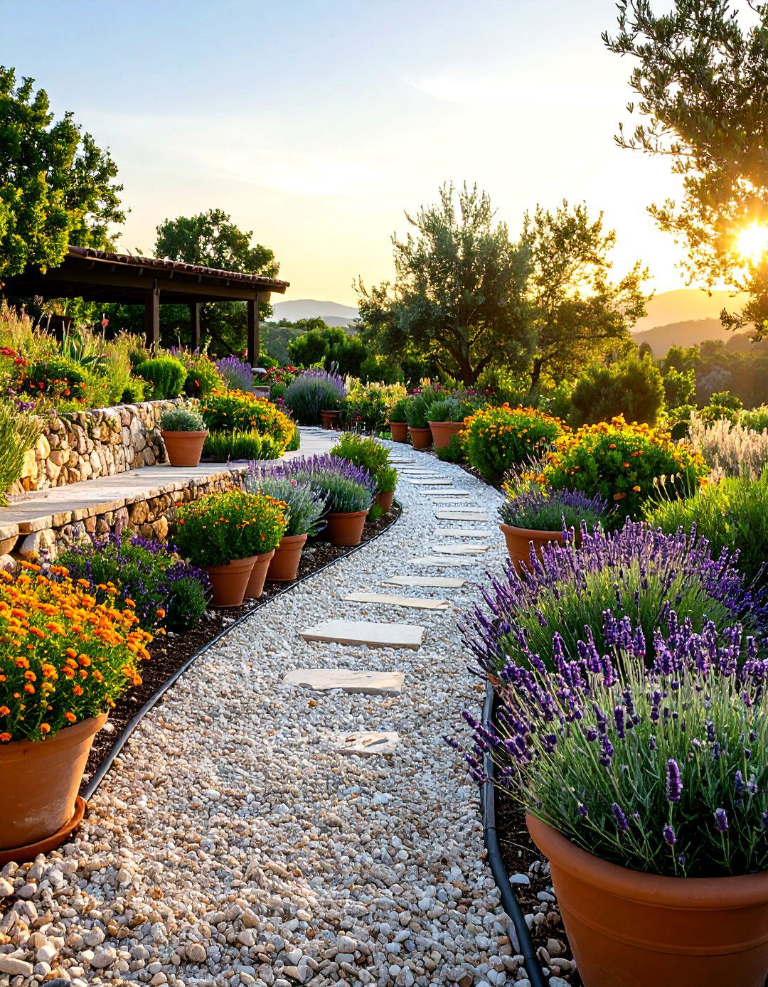 Mediterranean Gravel Terraced Garden Loves the Heat - 20 Hillside Terraced Garden Ideas