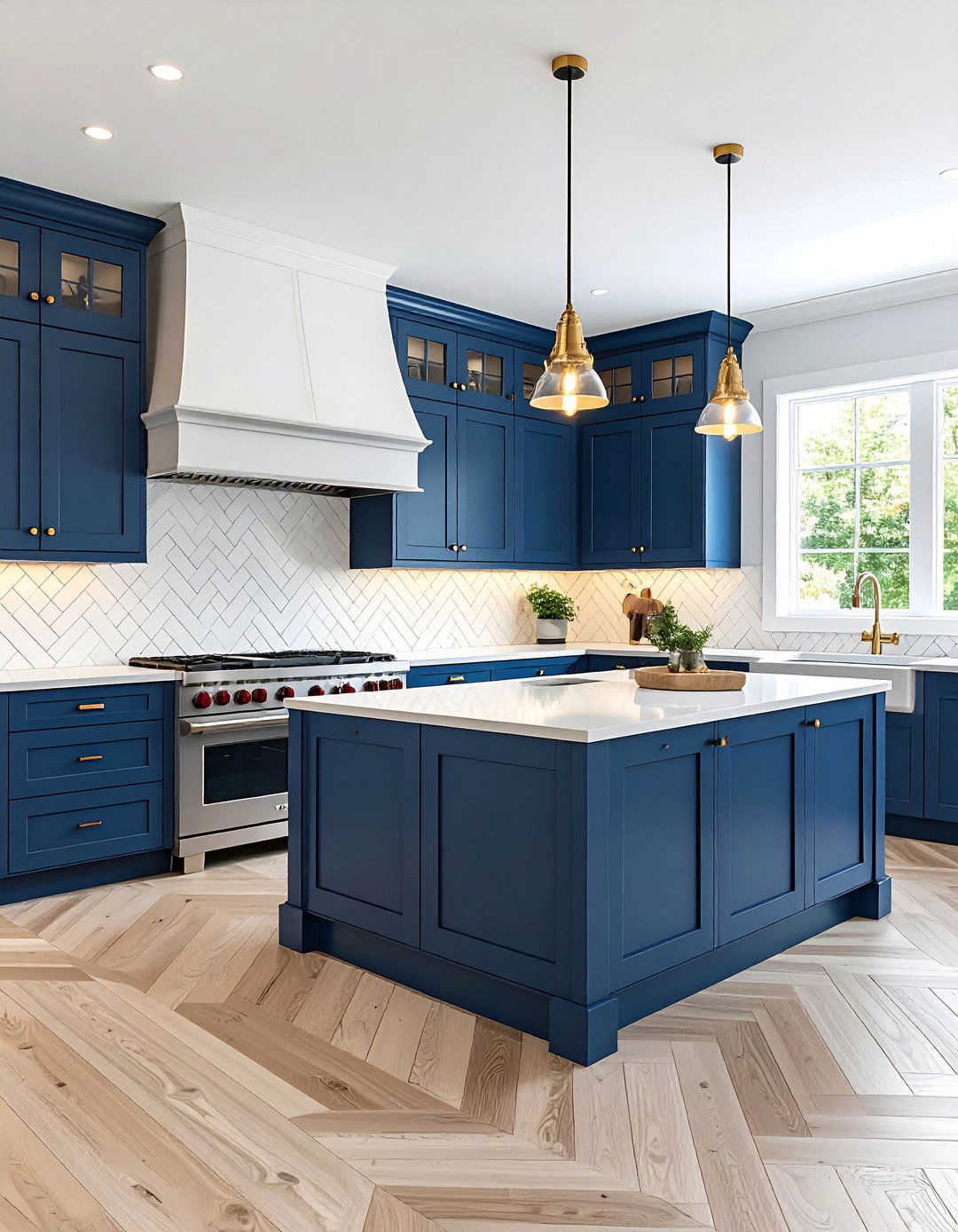 Mediterranean Herringbone Tile Backsplash - 20 Blue and White Kitchen Ideas