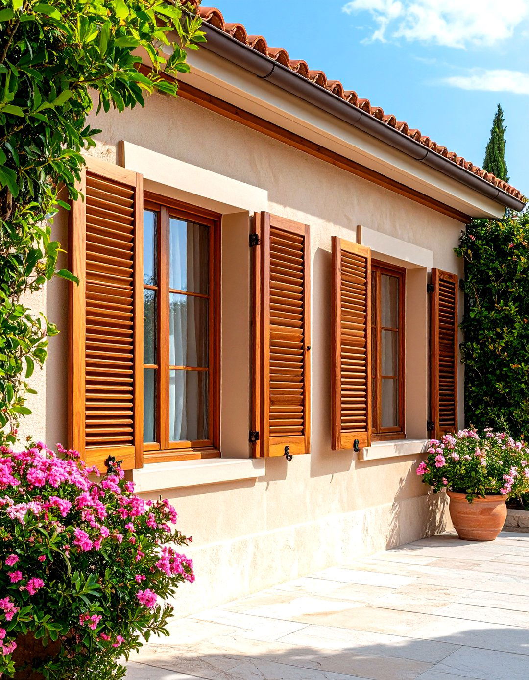 Mediterranean House Exterior with Rustic Wooden Shutters - 20 Mediterranean House Exterior Ideas