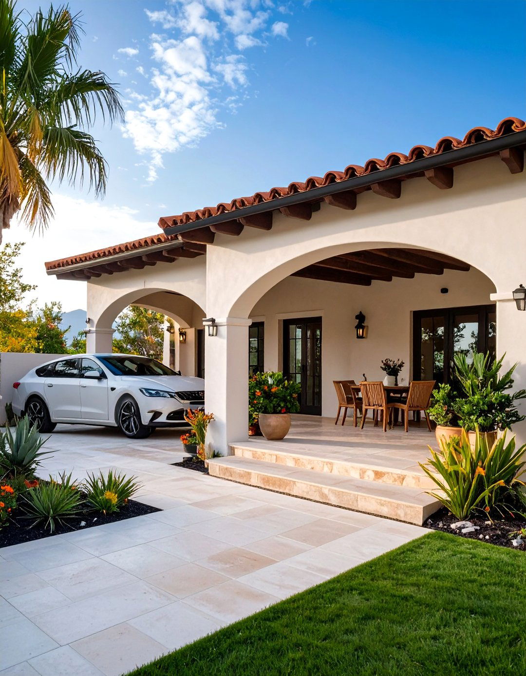 Mediterranean Inspired Tile Roof Car Porch Design - 20 Car Porch Design Ideas