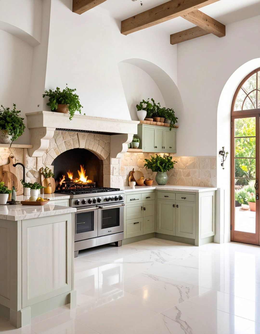 Mediterranean Kitchen Fireplace With Stone Arches - 20 Kitchens With Fireplaces