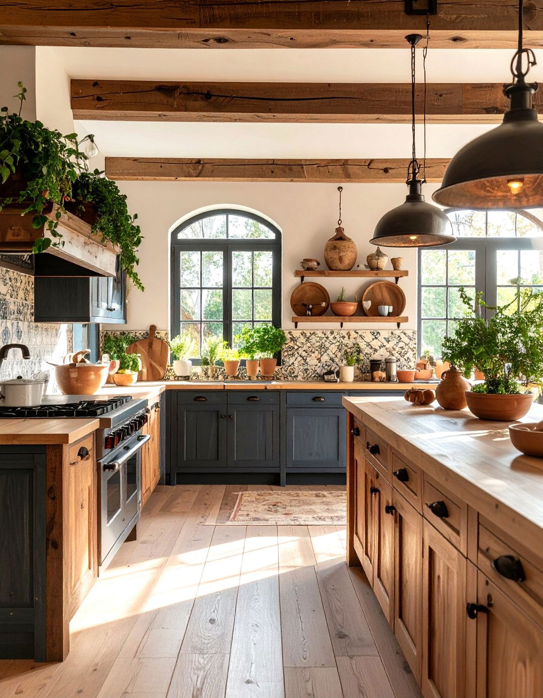 Mediterranean Kitchen With Black Cabinets And Olive Wood Countertops - 20 Kitchen With Black Cabinets And Wood Countertops Ideas