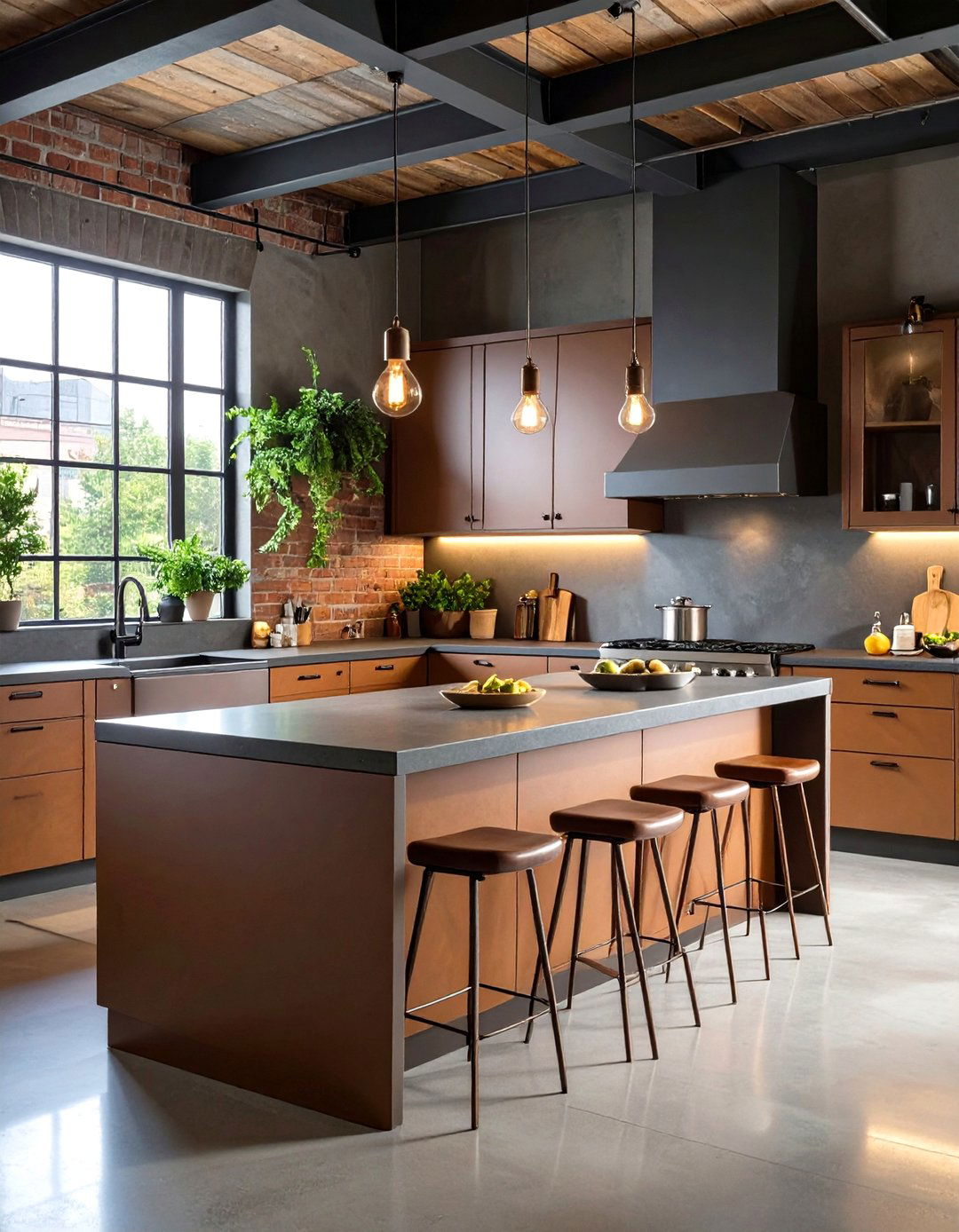Mediterranean Kitchen with Warm Brown Wood Cabinets and Black Travertine Countertops - 20 kitchen with brown cabinets and black countertops ideas