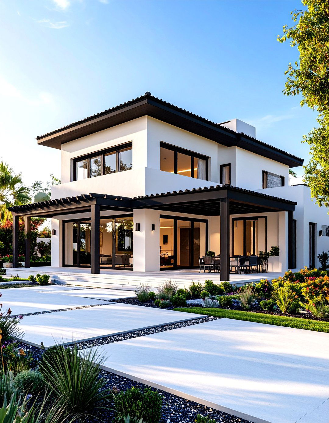 Mediterranean Modern White Exterior Home with a Black Roof and Courtyard Design - 20 White Exterior Home with a Black Roof Ideas