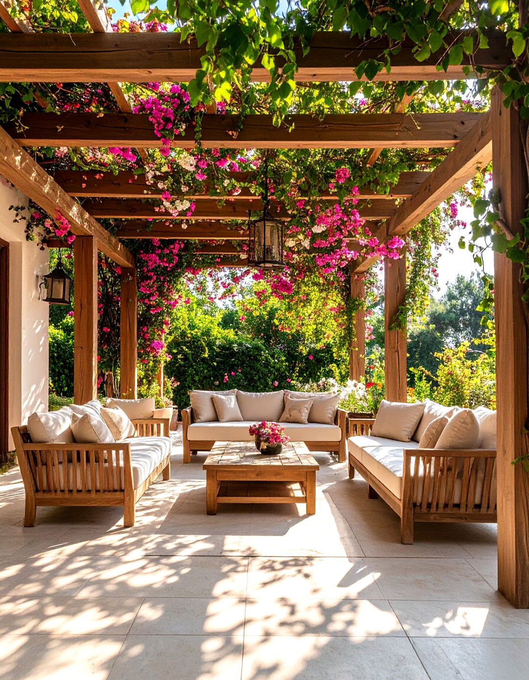 Mediterranean Patio with Climbing Vine Canopy - 20 Mediterranean Patio Ideas