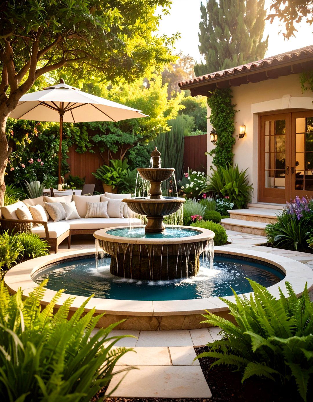 Mediterranean Patio with Water Feature Oasis - 20 Mediterranean Patio Ideas