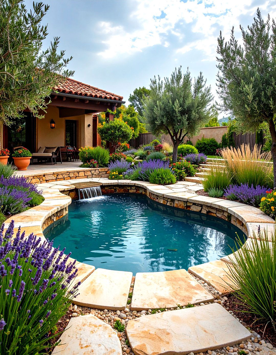 Mediterranean Pond Landscaping with Drought Tolerant Elements - 20 Pond Landscaping Ideas