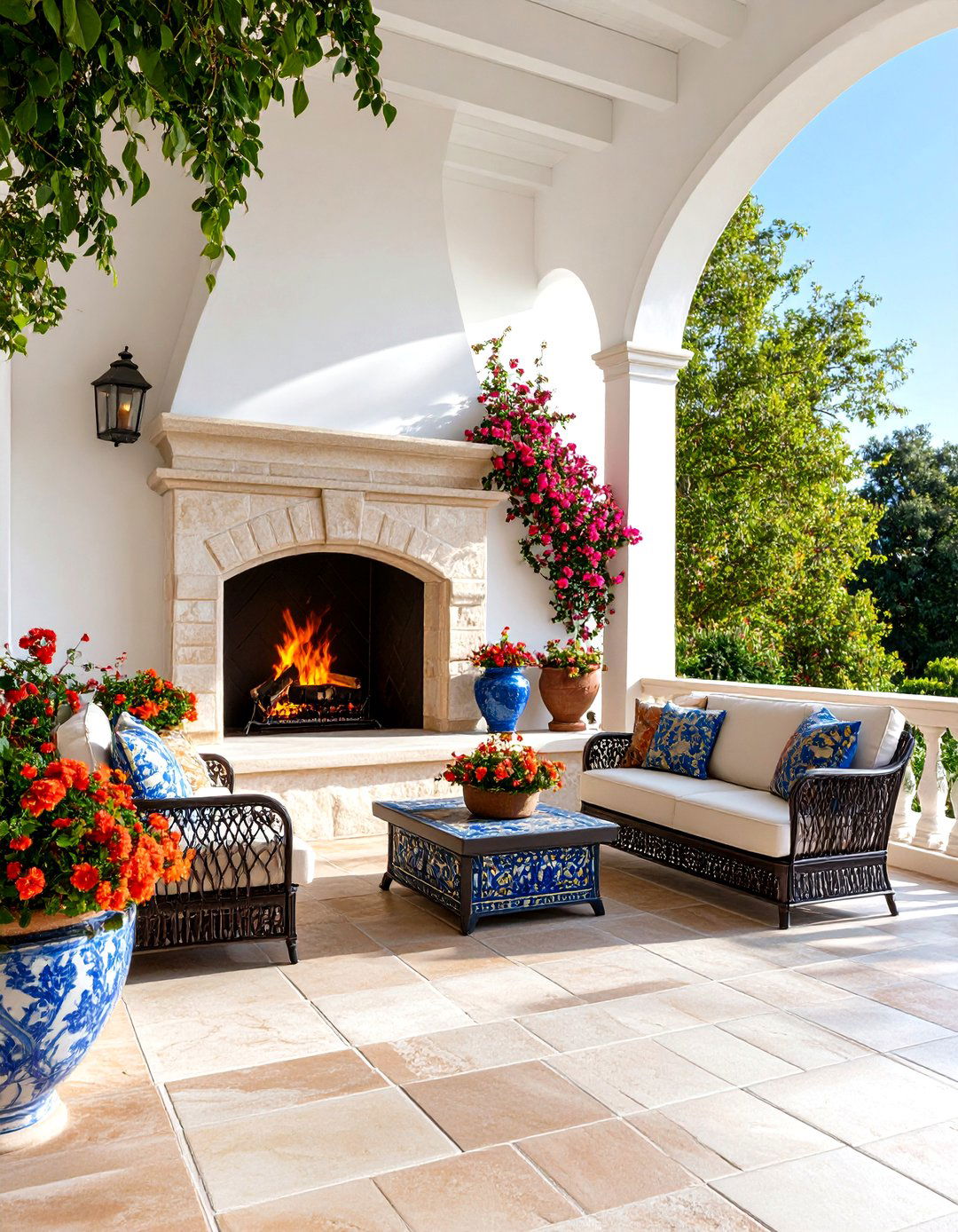 Mediterranean Porch Fireplace with Stucco and Tile Details - 20 Porch Fireplace Ideas