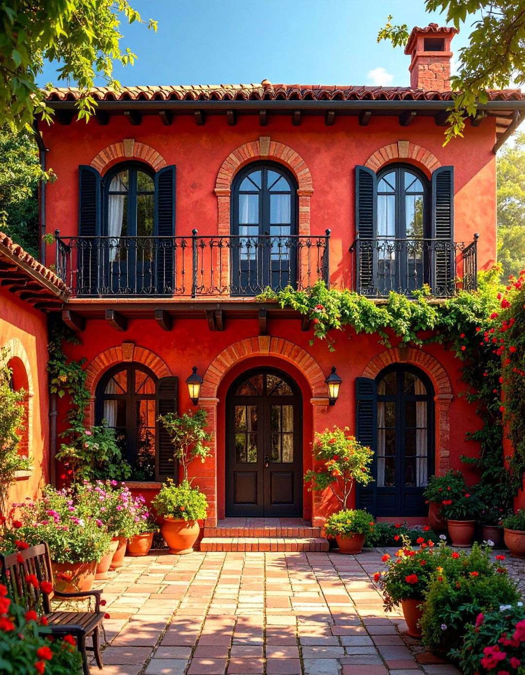 Mediterranean Red Brick House with Black Wrought Iron Trim - 20 Red Brick House with Black Trim Design Ideas