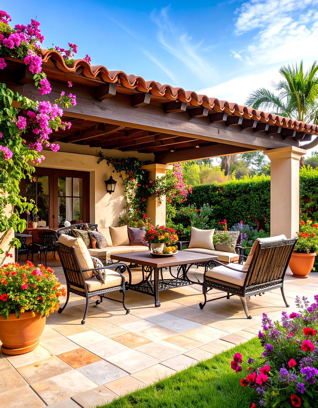 Mediterranean Style Covered Patio with Terracotta Tile Roof - 20 Covered Patio Ideas