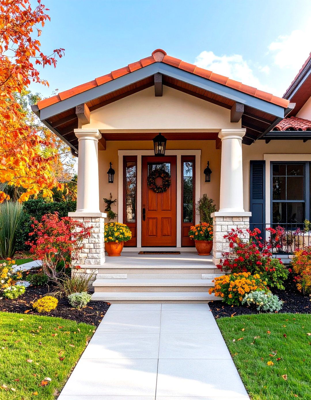 Mediterranean Style Open Gable Porch with Terra Cotta Accents - 20 Open Gable Porch Ideas