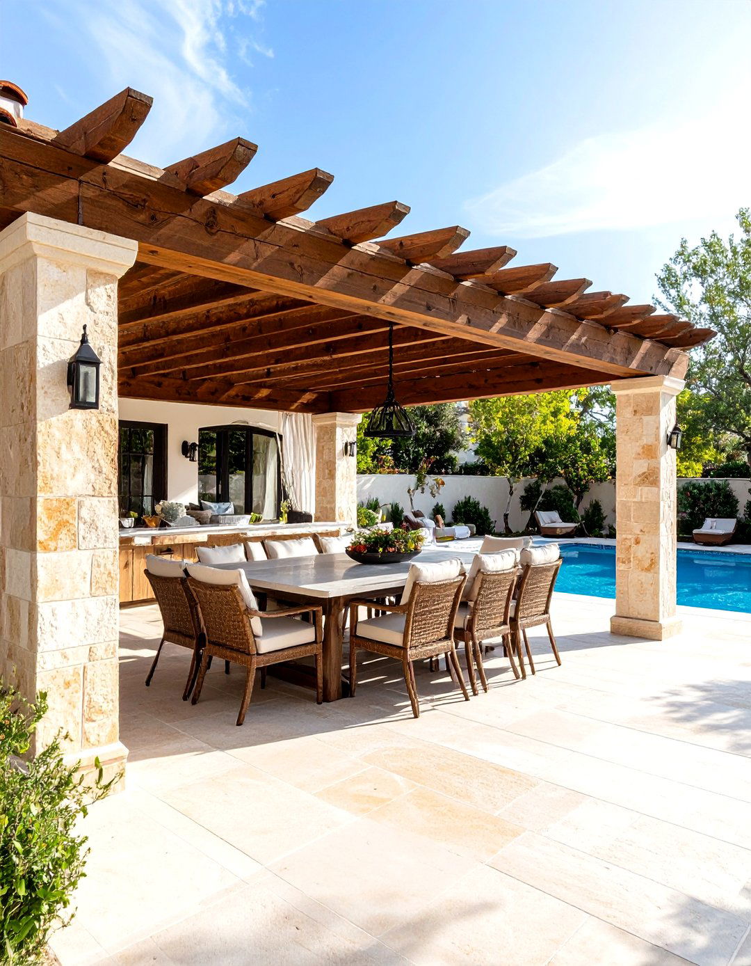 Mediterranean Style Patio Pergola with Terra Cotta Accents - 20 Patio Pergola Ideas