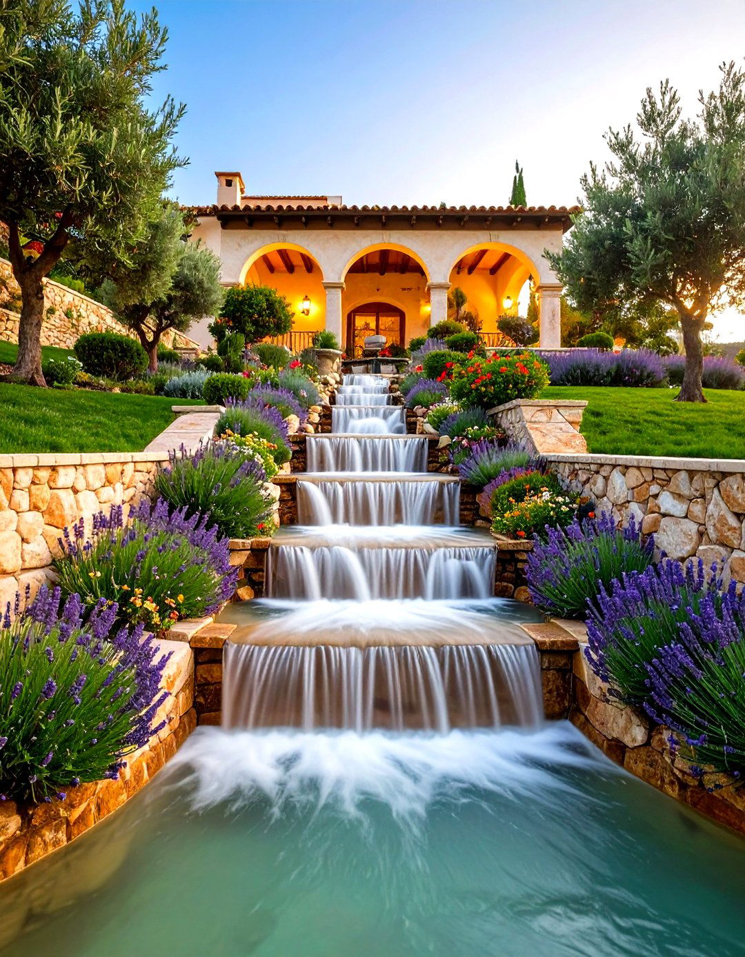 Mediterranean Terrace Pondless Waterfall - 20 Pondless Waterfall Design Ideas