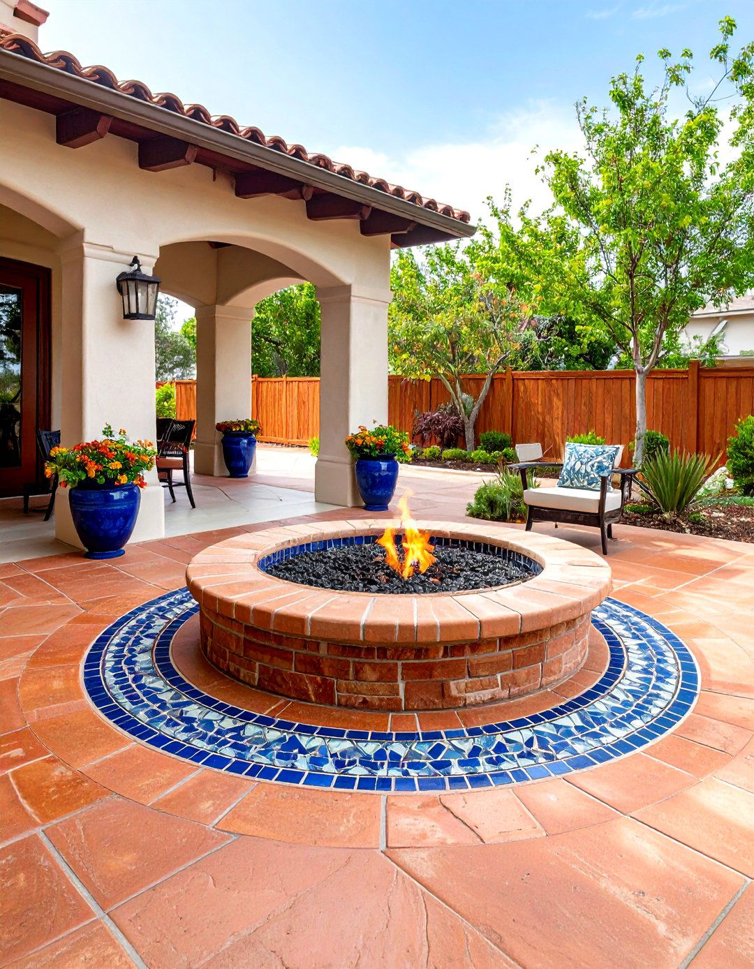 Mediterranean Terracotta Stamped Concrete Patio with Mosaic Fire Bowl - 20 stamped concrete patio with fire pit ideas