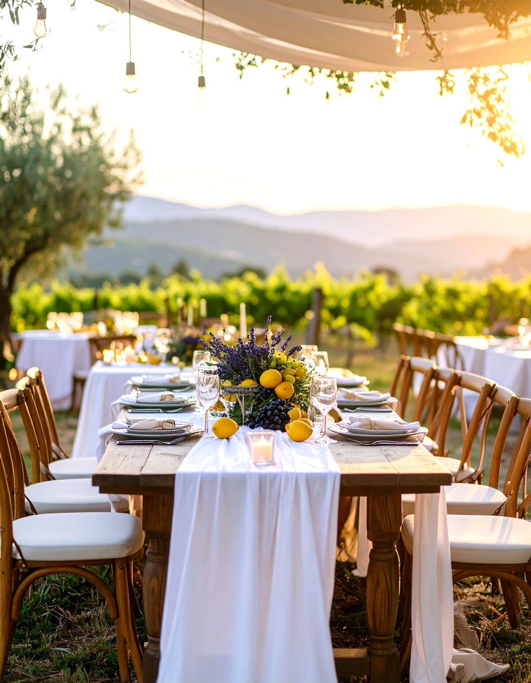 Mediterranean Vineyard Wedding Reception with Olive Branch Decor - 20 Wedding Reception Ideas