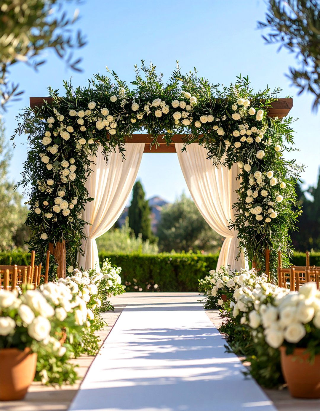 Mediterranean Wedding Altar with Olive Branch Garlands - 20 Wedding Altar Ideas