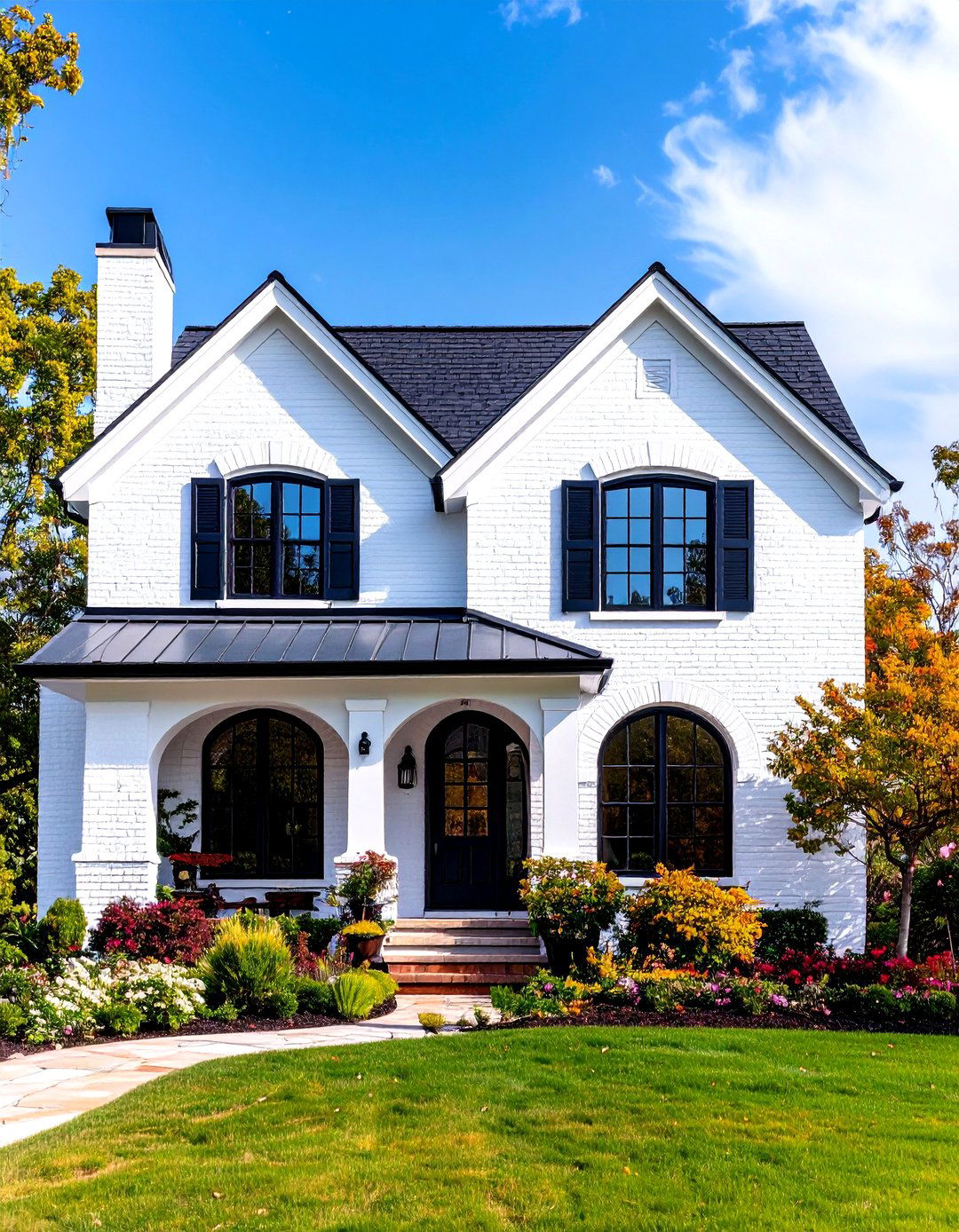 Mediterranean White Brick House With Black Trim and Arched Elements - 20 White Brick House With Black Trim