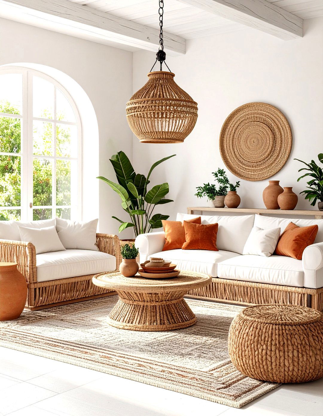 Mediterranean White Living Room with Terracotta Accents - 20 White Living Room Ideas