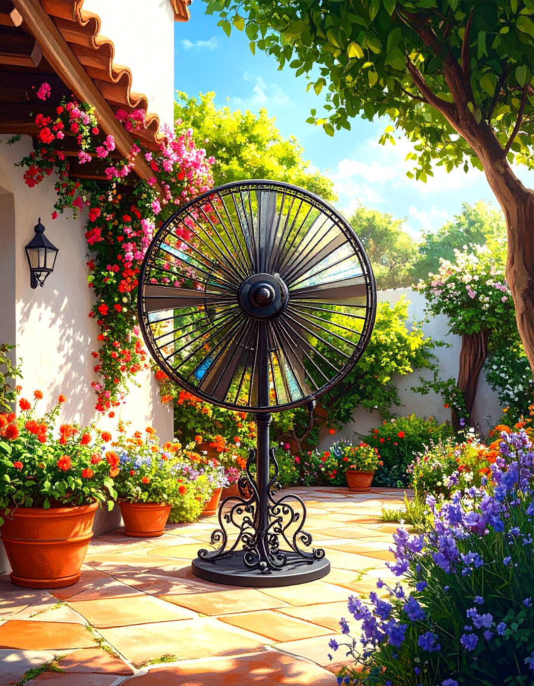 Mediterranean Wrought Iron Patio Fan with Mosaic Accents - 20 Patio Fan Ideas