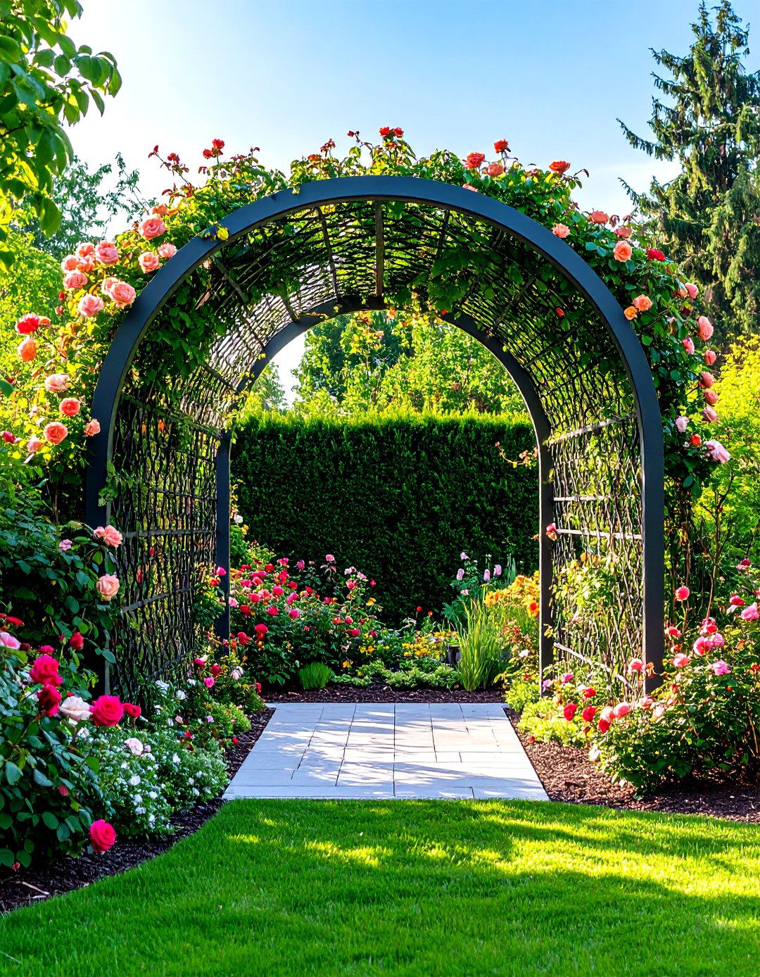 Metal Garden Arch Framing Climbing Roses - 20 Garden Arch Ideas