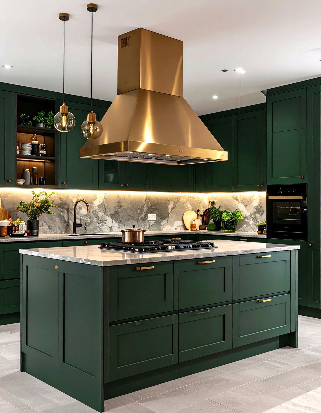 Metal Range Hood in a Dark Green Kitchen - 20 Dark Green Kitchen Ideas