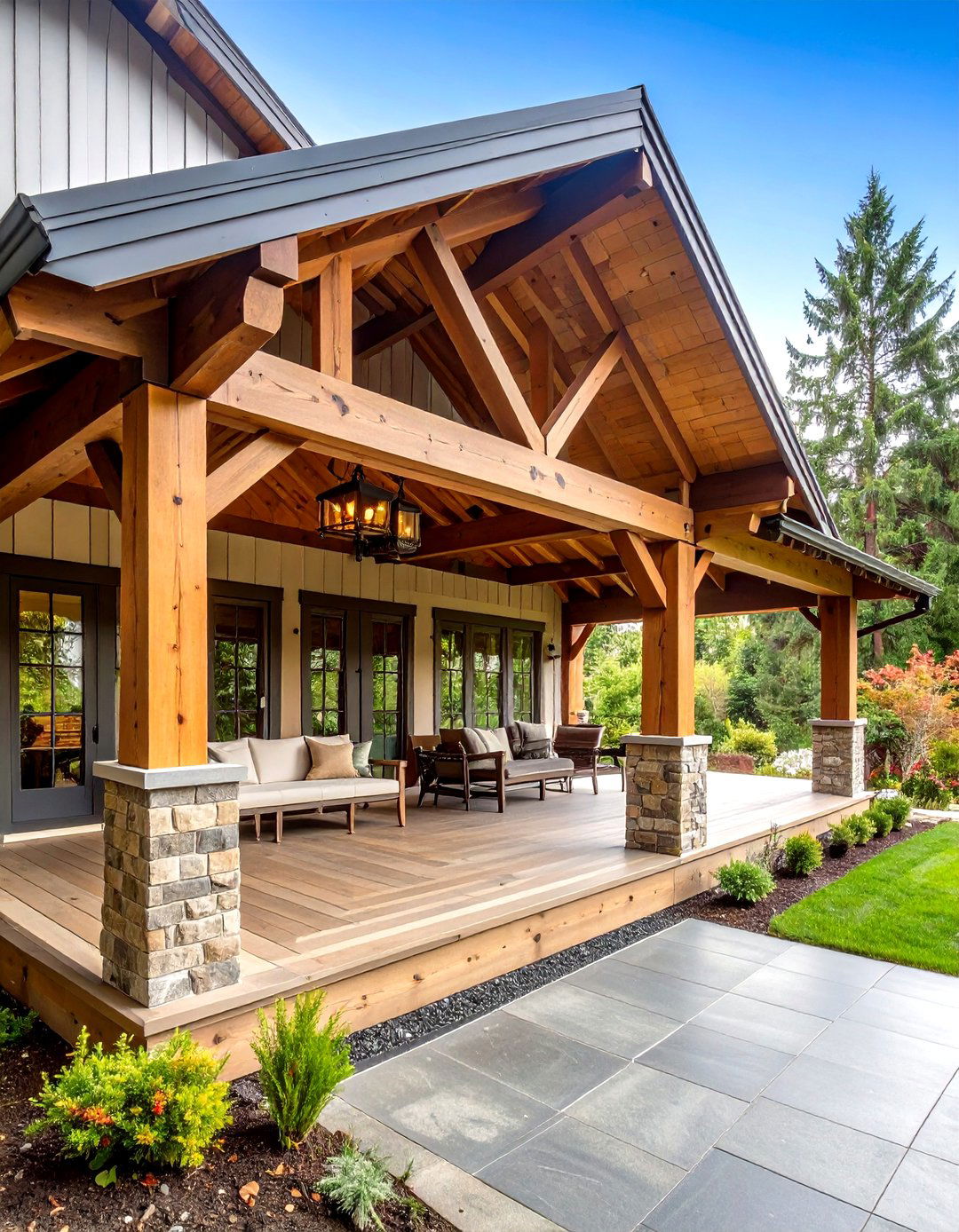 Metal Roof Porch with Timber Frame Integration - 20 Metal Roof Porch Design Ideas
