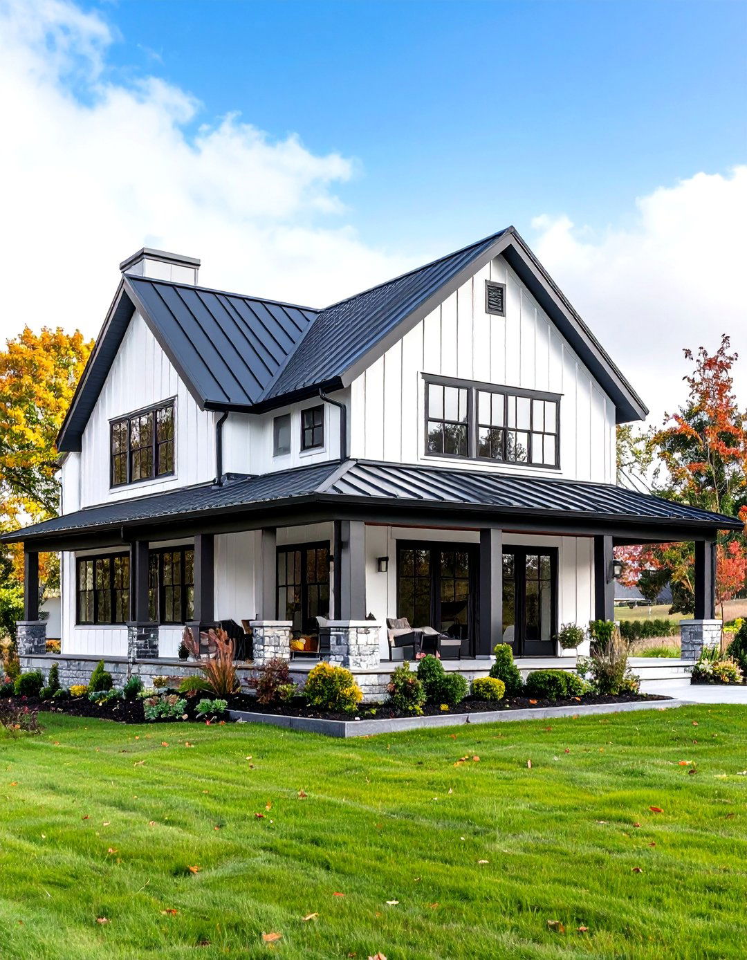 Metal Roof White Farmhouse With Black Windows Architecture - 20 White Farmhouse With Black Windows Ideas