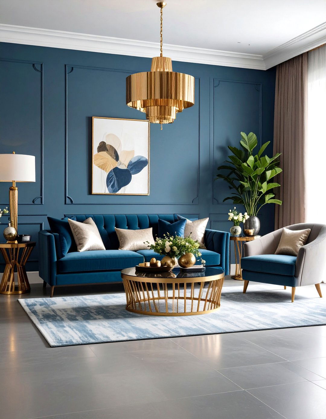 Metallic Accent Grey Floor Living Room with Blue Walls Glamorous Touch - 20 grey floor living room with blue walls ideas