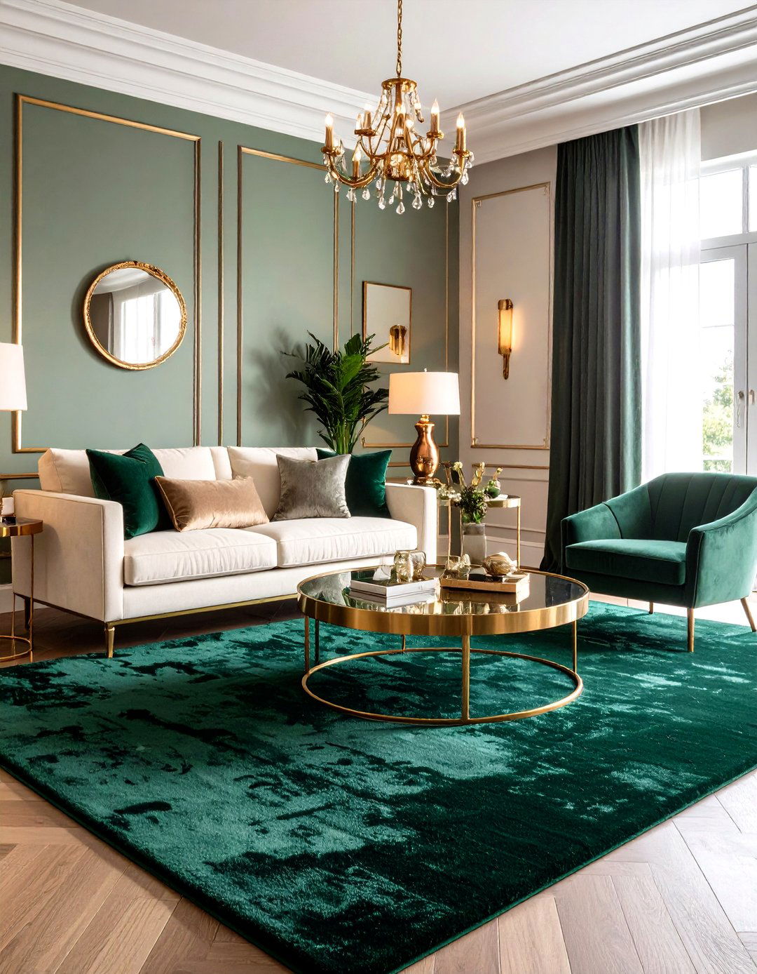 Metallic Accents for Luxe Flair on Green Carpet - 20 Green Carpet Living Room Ideas