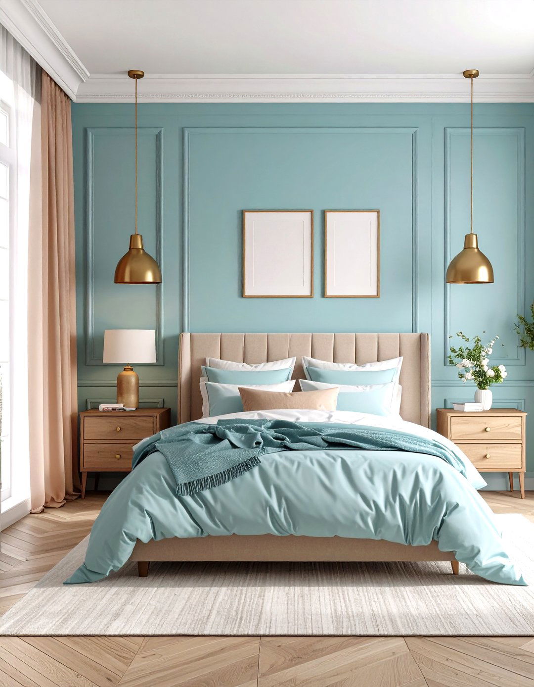 Metallic Accents in Brass and Gold - 20 Duck Egg Blue Bedroom Ideas