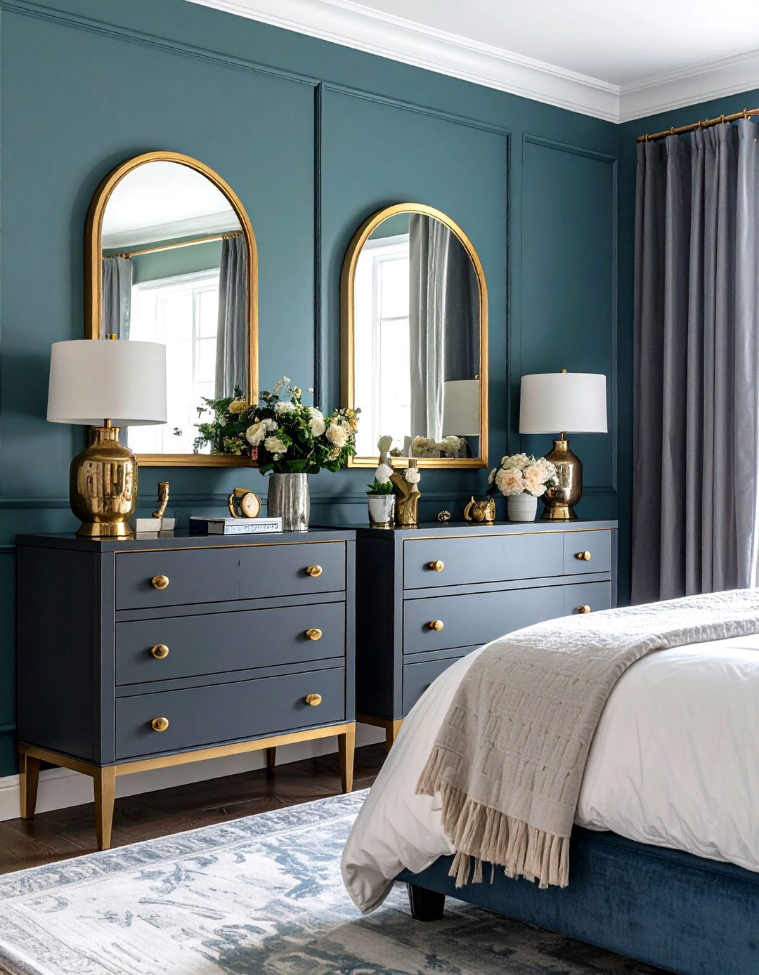 Metallic Brass Details Add Luxe Contrast - 20 Dark Grey Bedroom Ideas