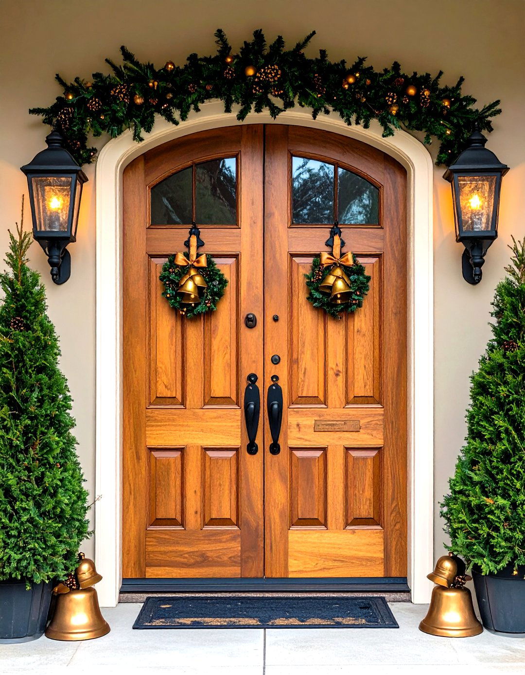 Metallic Copper Lanterns with Sleigh Bells for Luxe Door Decor - 20 Front Door Fall Decor Ideas