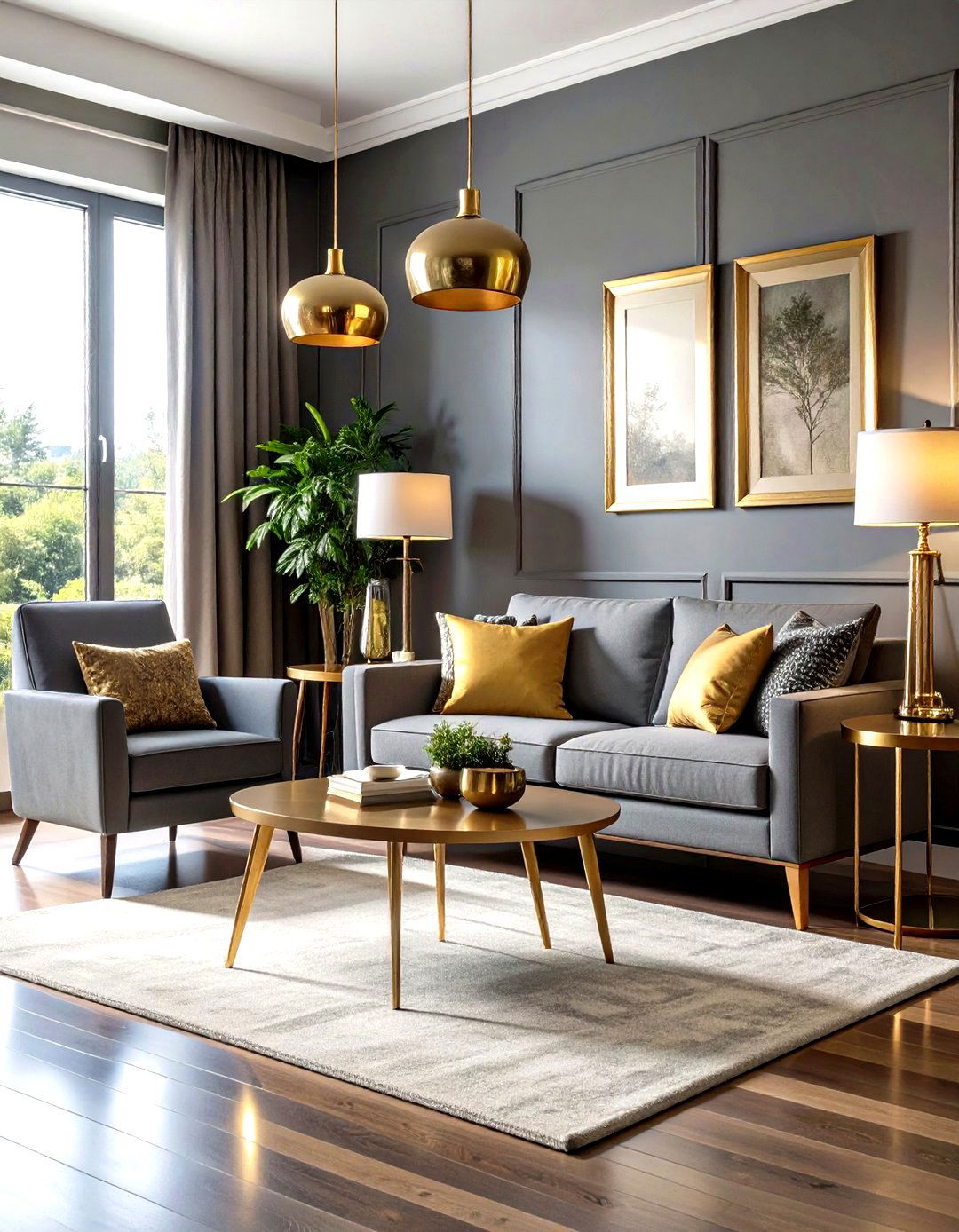 Metallic Finishes to Reflect Light and Warmth - 20 Grey Living Room With Dark Wood Floors