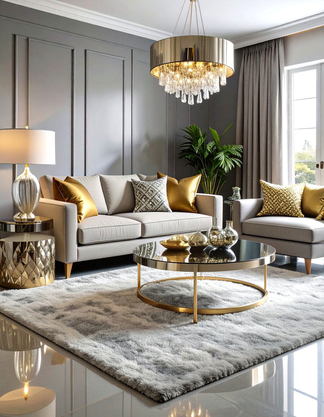 Metallic Glam over Grey Carpet - 20 grey carpet living room ideas