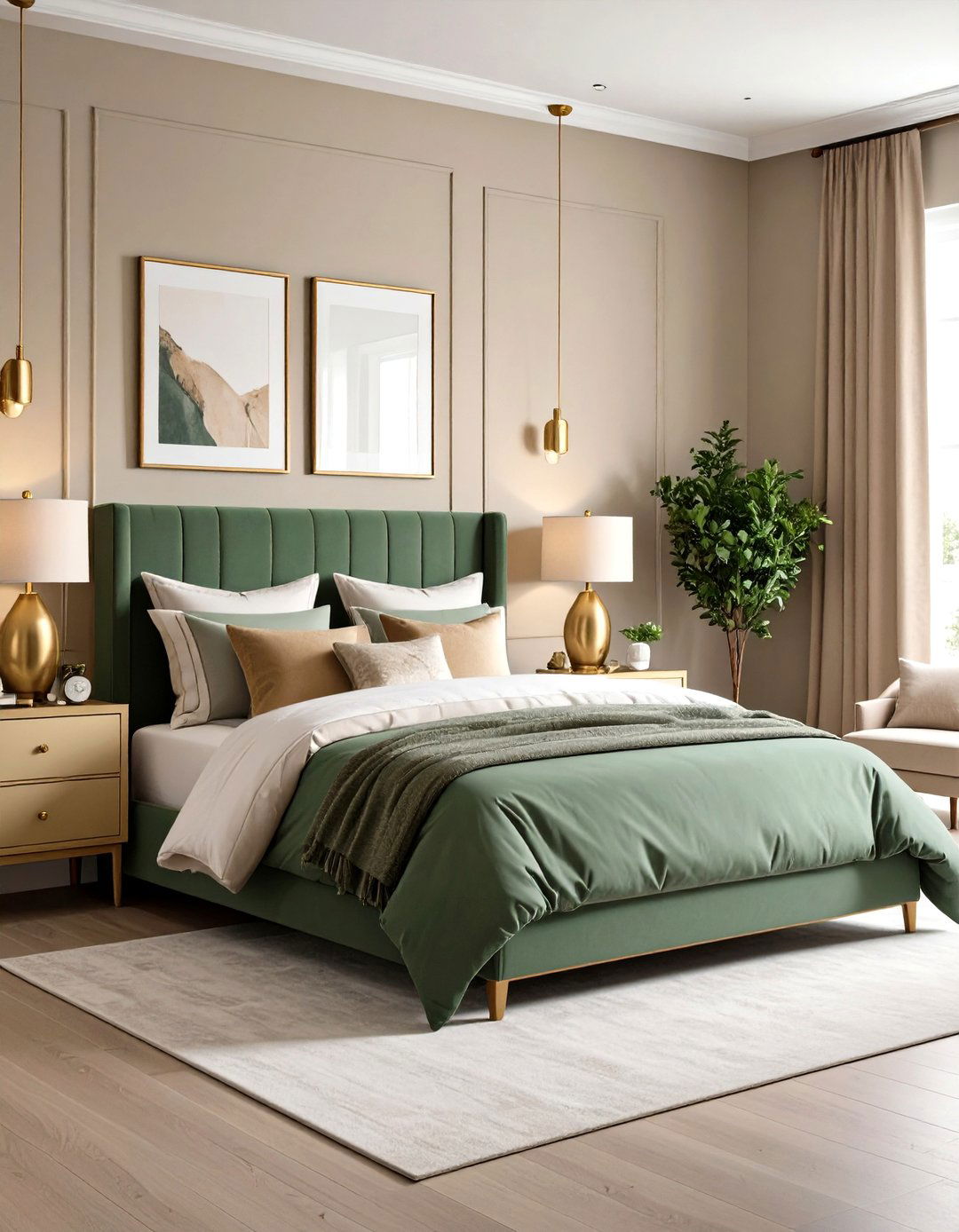 Metallic Gold Accents in Green and Beige Bedroom - 20 Green and Beige Bedroom Ideas
